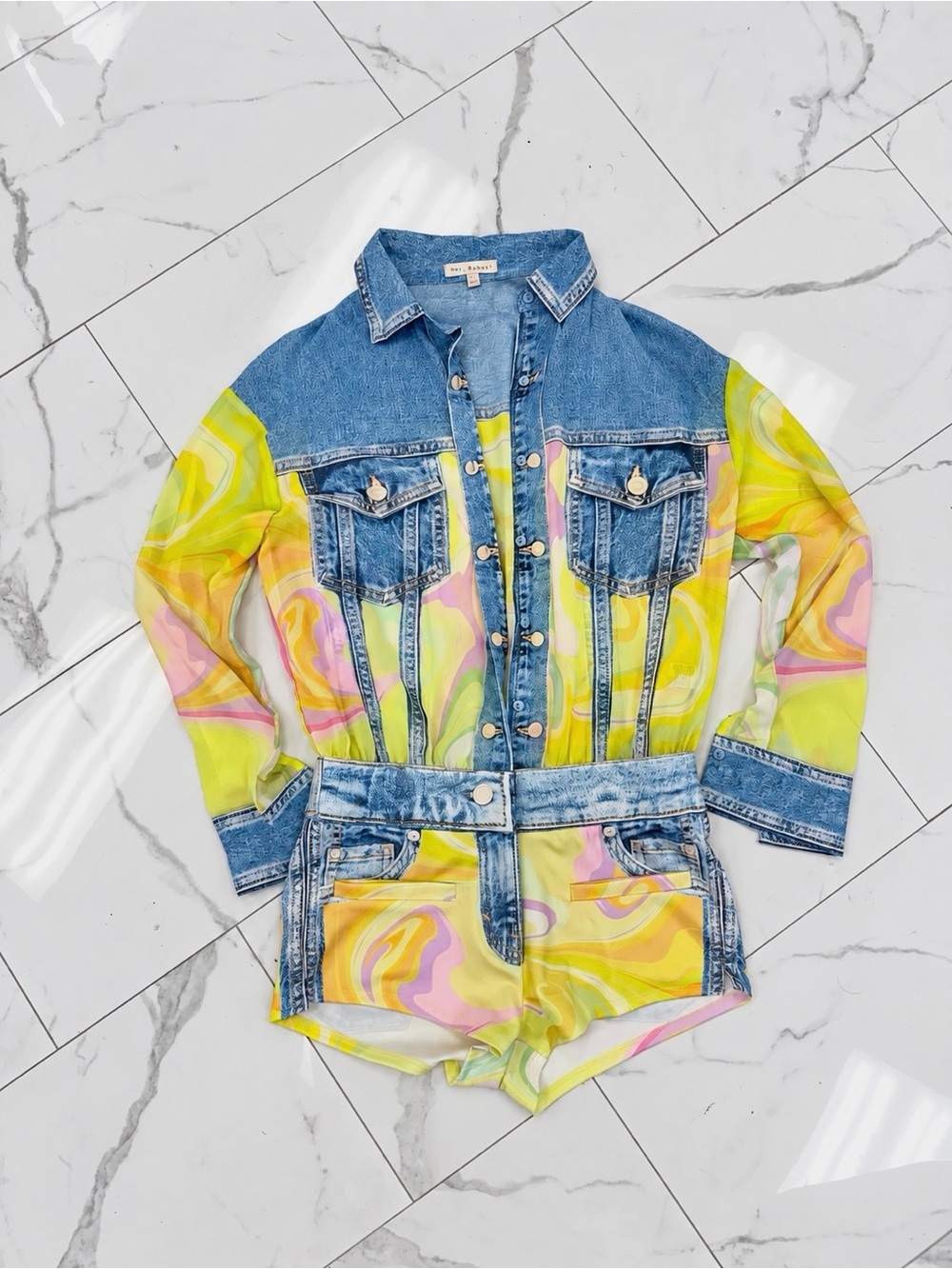 Denim & Yellow Swirl Kids Jacket Romper - Unbranded